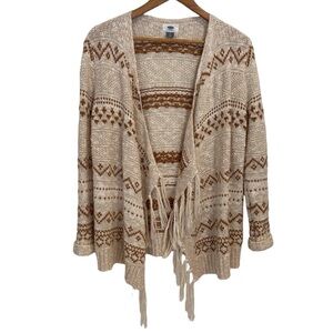 Old Navy bohemian knit cardigan neutral tone beige maroon fringe open front wrap